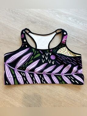 Loony Legs sports bra with purple/green leaf design size XL